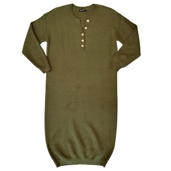 NWOT Long Knit Sweater Dress- Army Green | Button V-Neck + Long Sleeves (M) - Picture 10 of 16